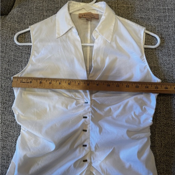 Philosophy White Sleeveless V-Neck Ruched Collar Shirt Silver Accent Sz XS - Picture 10 of 11